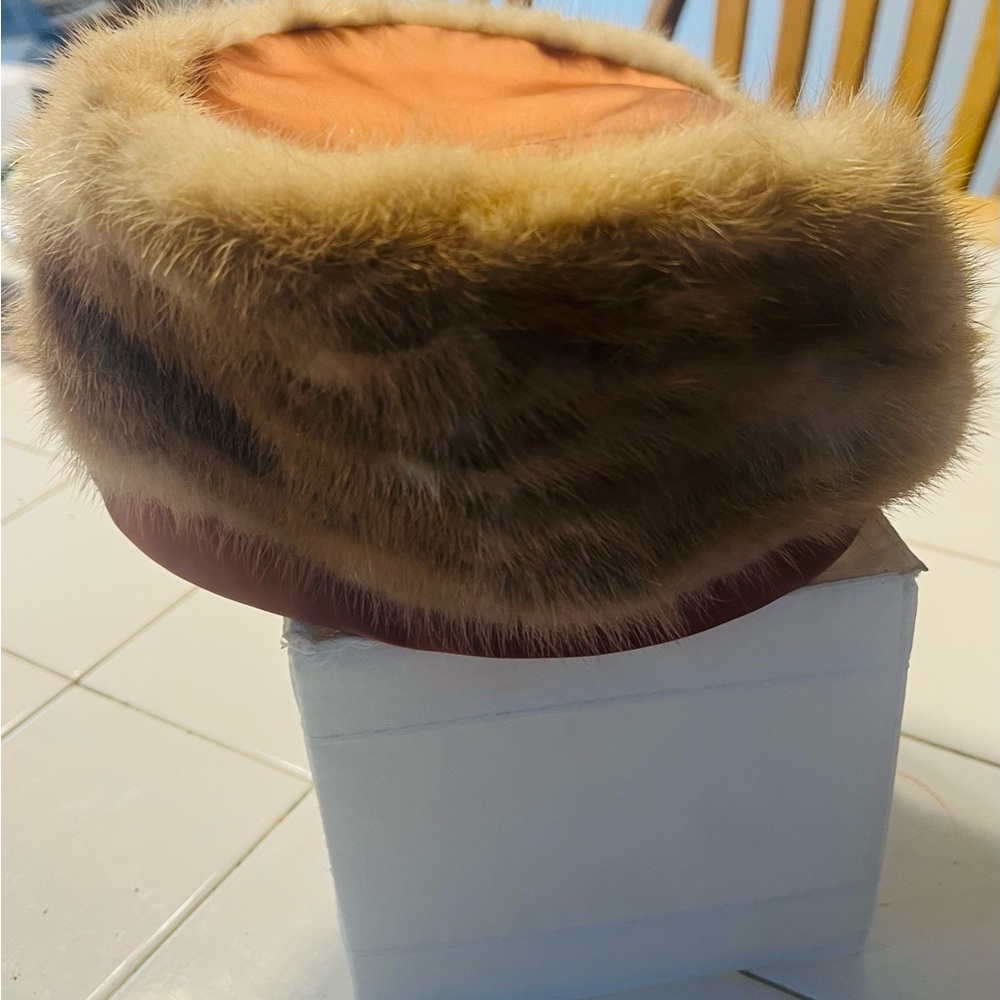 Mink -Blonde Pill Box Hat. 1960’s Vintage.  Golden Tan satin trim -Winkleman’s